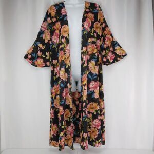 Peach Love Floral Bell Sleeve Black Kimono Duster Open Cardigan Women's One Size